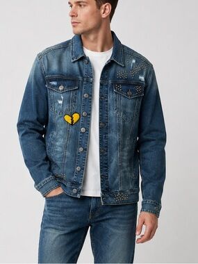 KLOUD 9 Heart Breaker Denim Jean Man’s  Jacket Size L  Patch Embroidered